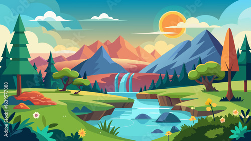 Vector art of an enchanting cartoon landscape showcasing a majestic waterfall cascading down mountains into a winding river, surrounded by vibrant green hills, trees, and a bright sun