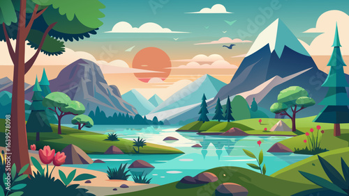 Vector art of artistic flat design of a picturesque mountain range and river scene at dawn, featuring gentle slopes, diverse trees, and a vibrant, colorful sky