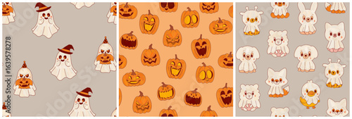 Three cartoon Halloween patterns set. Funny ghosts and laughing pumpkin lanterns.