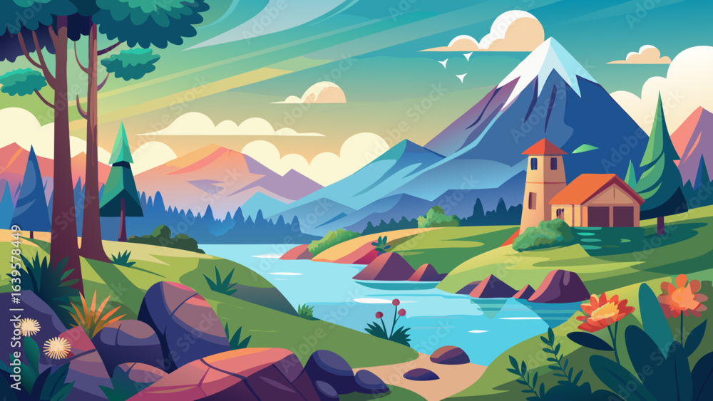 Fototapeta premium Vector art of vibrant cartoon landscape with a winding river flowing through a lush green valley towards majestic snowcapped mountains under a bright, cloudy sky