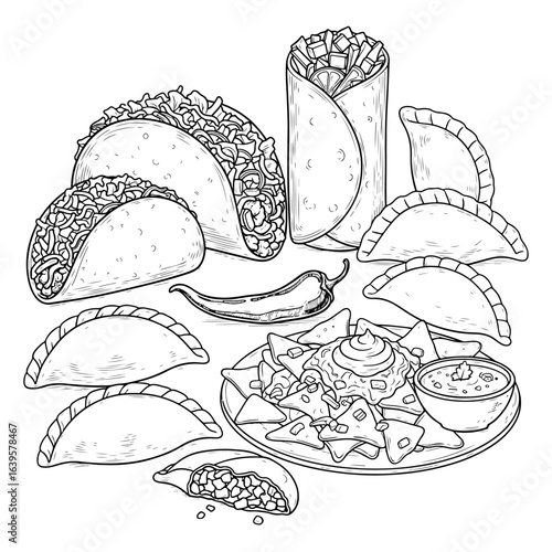 Hand drawn illustration of Mexican food assortment with tacos empanadas nachos and chili