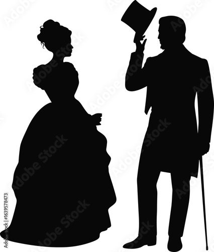 Victorian couple silhouette, elegant man tipping hat, lady in vintage gown, romantic gesture, historical fashion, 19th century attire, black shadow art, antique style, classic illustration
