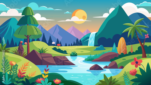Vector art of vibrant cartoon landscape with a flowing river, majestic mountains, a cascading waterfall, lush green hills, and colorful flora under a bright sun and cloudy sky