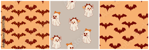 Black bats and ghosts in cartoon folk style on gray and orange background. Seamless Halloween pattern wallpaper. Set of three illustrations for festive print