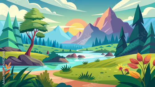 Vector art of vibrant cartoon landscape with a winding river flowing through a valley with majestic mountains and lush green trees under a colorful sky at sunrise or sunset