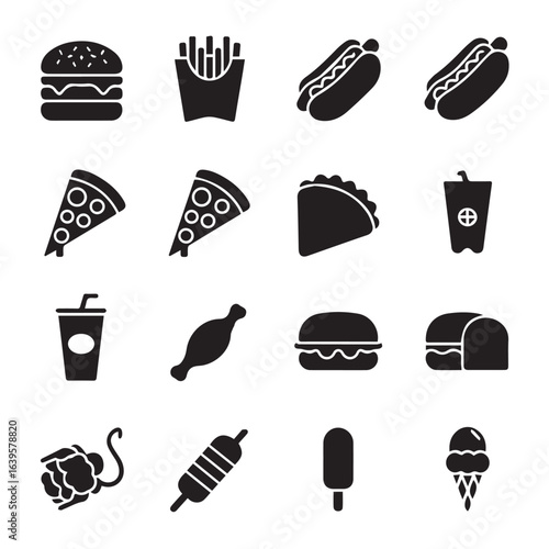 Assorted monochrome food items including burger pizza and ice cream