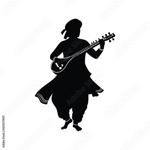 Silhouette of a Musician Playing a Sitar Indian Classical Music Vector Illustration