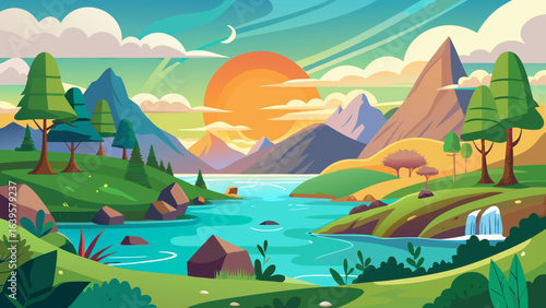 Vector art of vibrant cartoon landscape with a winding river flowing through a lush green valley, surrounded by majestic mountains under a bright sunny sky with fluffy clouds