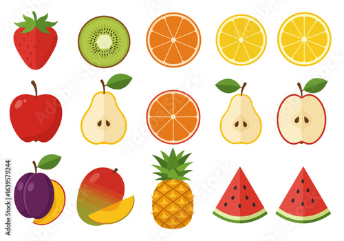 An arrangement of various halved and whole cartoonstyle fruits