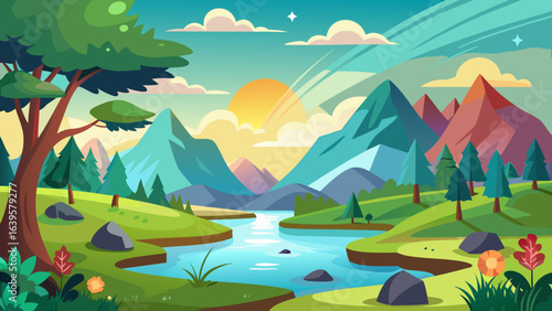 Vector art of stylized cartoon mountain range with a serene river winding through a green valley during a colorful sunrise or sunset with soft clouds