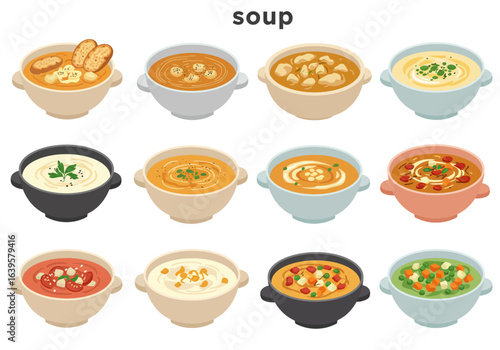 Twelve bowls of diverse soups are arranged in rows