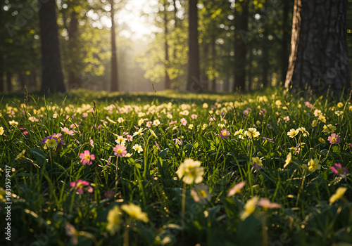 Wild Primroses Blooming at Forest Edge in Natural Light