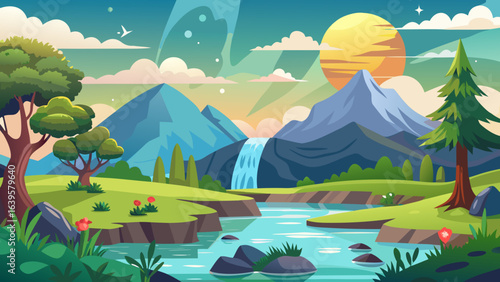 Vector art of picturesque cartoon mountain landscape featuring a cascading waterfall flowing into a clear river, surrounded by vibrant green hills, trees, and a warm sun, showcasing natures splendor