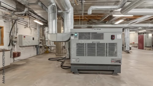Wallpaper Mural A large industrial HVAC unit sits in a mechanical room, surrounded by pipes and electrical equipment. The room has concrete floors and exposed ceiling ductwork Torontodigital.ca