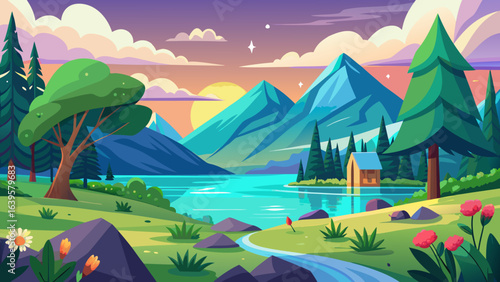 Vector art of enchanting cartoon sunset over a serene mountain landscape with a reflective river, rolling green hills, and a cozy cabin nestled by the water, creating a peaceful evening ambiance