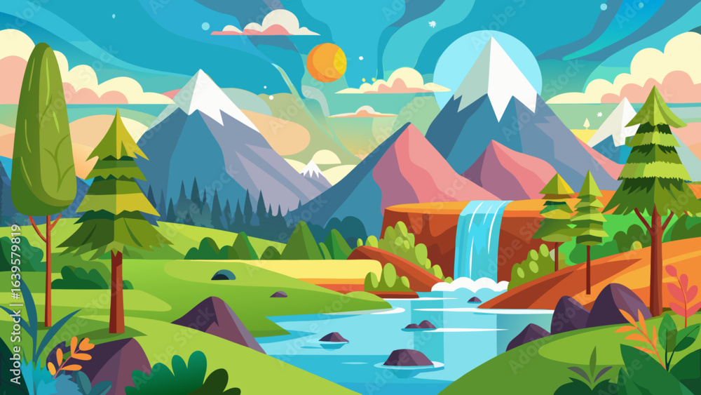 Fototapeta premium Vector art of vibrant flat illustration of a serene mountain landscape with a flowing river, cascading waterfall, lush green hills, and a bright sun in a clear blue sky with fluffy clouds