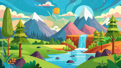 Vector art of vibrant flat illustration of a serene mountain landscape with a flowing river, cascading waterfall, lush green hills, and a bright sun in a clear blue sky with fluffy clouds