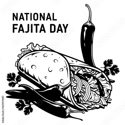 National Fajita Day text with black and white illustration of fajita and chili peppers