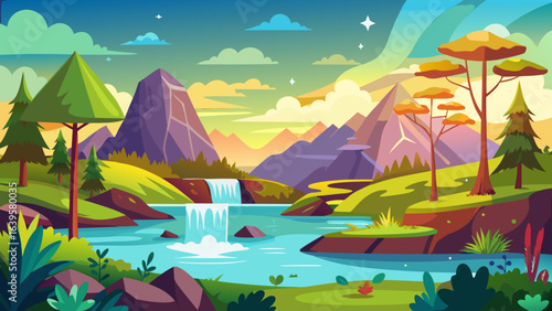 Vector art of enchanting cartoon landscape featuring dramatic mountains, a cascading waterfall, a flowing river, and unique trees under a colorful sky at sunset