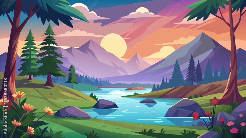 Fototapeta premium Vector art of serene cartoon landscape at sunset with a gentle river flowing past mountains, trees, and rocks, bathed in the warm glow of the setting sun and colorful sky