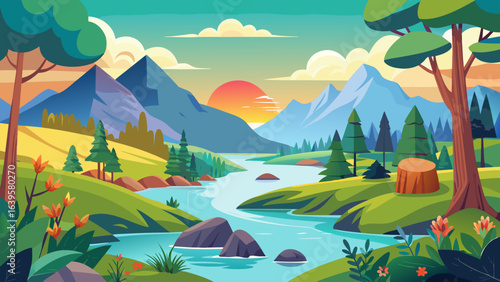 Vector art of vibrant cartoon landscape with a winding river flowing through a valley with majestic mountains and lush green hills under a colorful sunset sky