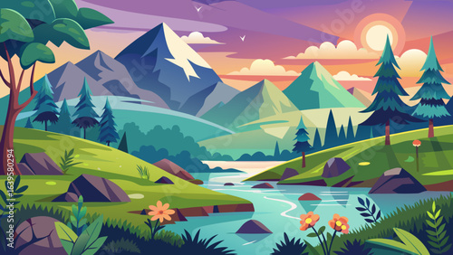 Vector art of serene cartoon landscape featuring a tranquil river meandering through a valley, framed by imposing mountains and rolling green hills under a twilight sky