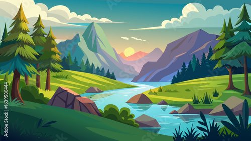 Vector art of stylized cartoon landscape featuring majestic mountains, a winding river, lush forests, and a radiant sunrise, creating a picturesque and tranquil natural scene