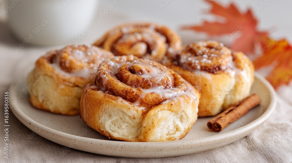 Apple Lavender Cinnamon Rolls on Ceramic Plate with Autumn Details Apple Lavender Cinnamon Rolls on Ceramic Plate with Autumn Details
