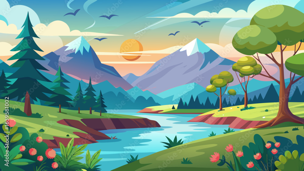 Fototapeta premium Vector art of vibrant cartoon landscape with majestic mountains, a winding river, lush green hills, and a warm sun setting in a colorful sky