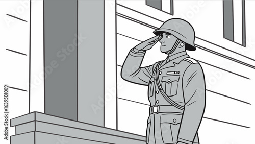 Illustration of military soldier saluting in uniform with helmet and building architecture vector design