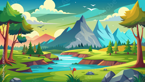 Vector art of idyllic cartoon landscape featuring snowcapped mountains, a clear river, green meadows, and trees under a bright, cloudy sky