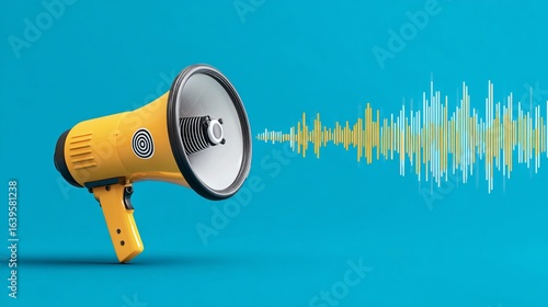 A yellow bullhorn emits sound waves, pictured against a solid blue background