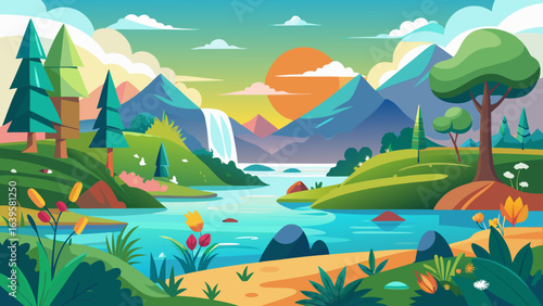 Vector art of vibrant cartoon landscape with mountains, a river, waterfall, and trees under a colorful sky with sun and clouds