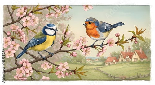 bird on a blossom branch watercolor illustration of nature