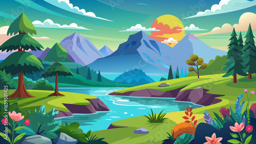 Vector art of idyllic cartoon landscape featuring towering mountains, a sparkling river, rolling green hills, and a radiant sun setting behind the peaks, creating a serene atmosphere
