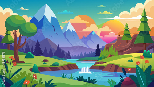 Vector art of stylized cartoon depiction of a serene mountain landscape featuring a flowing river with a small waterfall, surrounded by vibrant forests and colorful skies at sunset