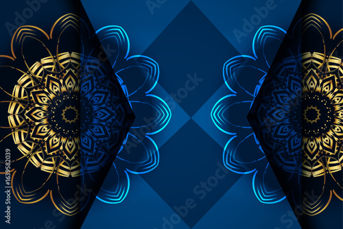 Ornamental blue and gold plate mandala art with detailed symmetrical floral motifs and reflective metallic finish