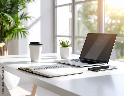 Wallpaper Mural Modern Minimal Office Desk with Laptop, Coffee, and Notebook Torontodigital.ca