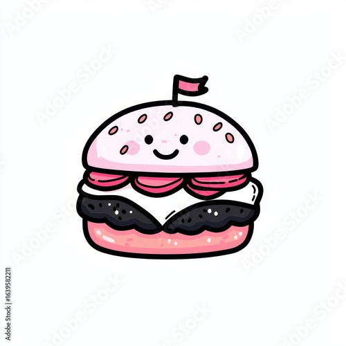 Cheerful Pink Cartoon Burger with Sesame Seeds and Tomato Slices, Generative AI