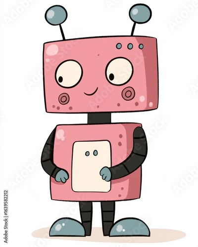 Cheerful Pink Robot Cartoon Illustration, Generative AI