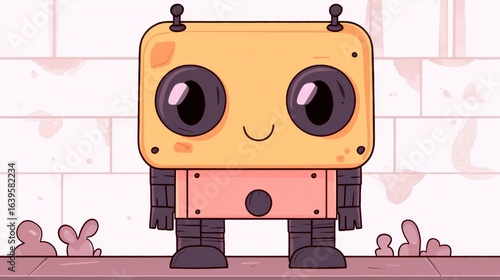 Cheerful Pixel Art Robot Against Brick Wall, Generative AI