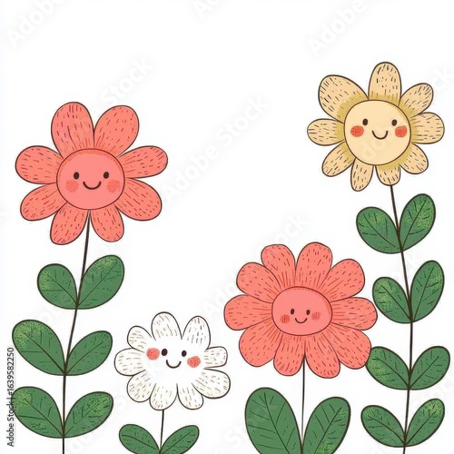 Cheerful Red Yellow and White Flowers Illustration, Generative AI
