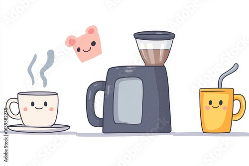 Cheerful Pixel Art Coffee Illustration with Cute Mugs and Toast, Generative AI
