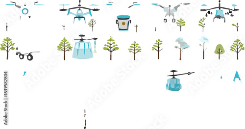 Illustration of drones, trees, and a bucket, showcasing elements of nature and technology together silhouette