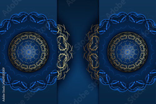 Blue and gold decorative plate mandala design with intricate symmetrical star patterns on dark background