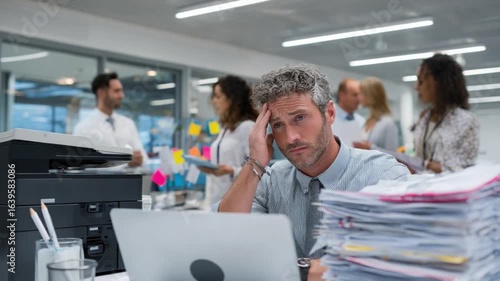 Overwhelmed at the Desk: A focused yet burdened individual, grappling with mounting office responsibilities. The image portrays a stressful work environment.