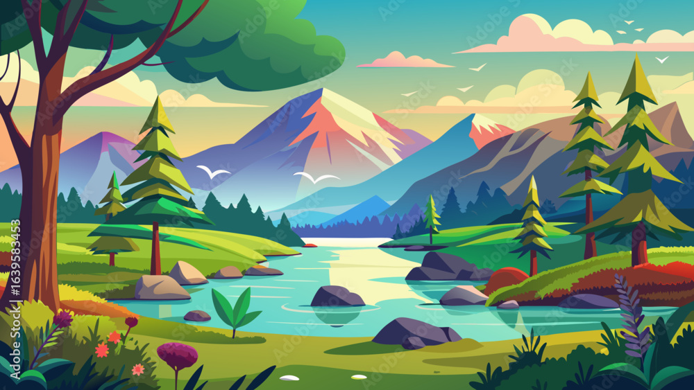 Obraz premium Vector art of vibrant cartoon landscape with majestic mountains, a winding river, and lush green trees under a colorful sky at dawn or dusk
