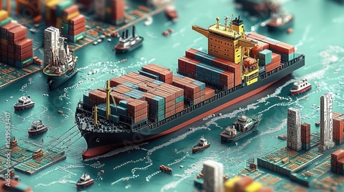 Isometric 3D rendering of a miniature container ship in a stylized port. A diorama concept for global trade, supply chain logistics, maritime transport, and strategy simulation games.