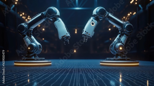 Two symmetrical industrial robotic arms in a futuristic smart factory. A concept for Industry 4.0, artificial intelligence (AI), collaborative automation, and advanced manufacturing.
