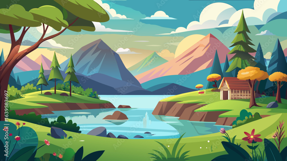 Obraz premium Vector art of vibrant cartoon landscape with majestic mountains, a serene river, lush green hills, and a cozy cabin under a colorful sky